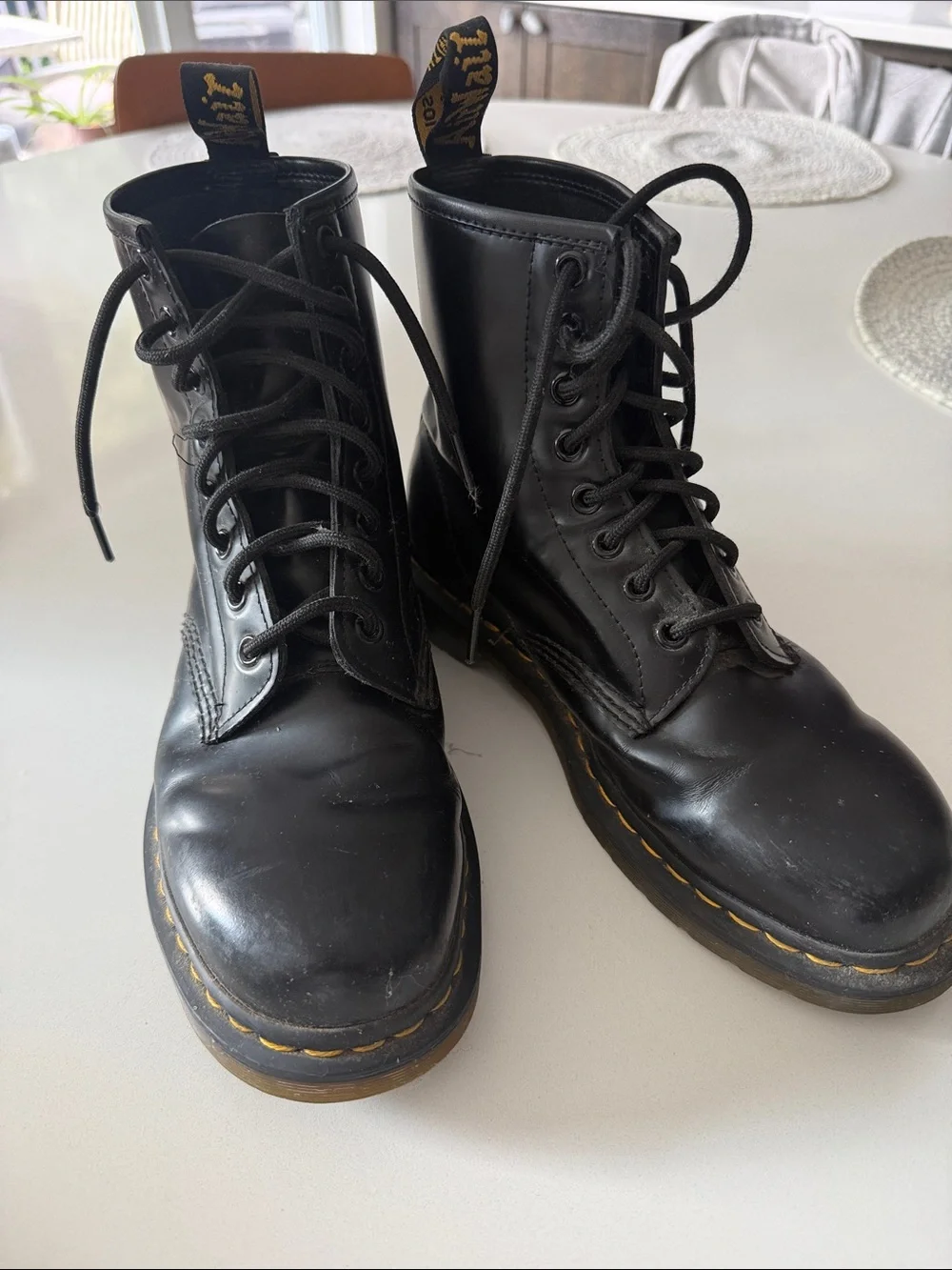 Dr. Martens Black Leather 8-Eye Lace-Up Boots with Yellow Stitching
